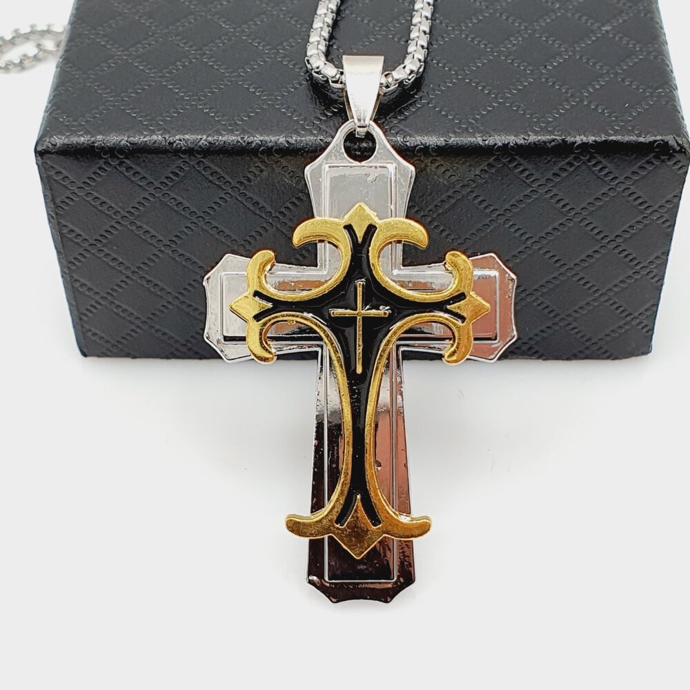 ❤️ Stainless Steel Retro Layered Cross Necklace , N90201P120 - Picture 8 of 13